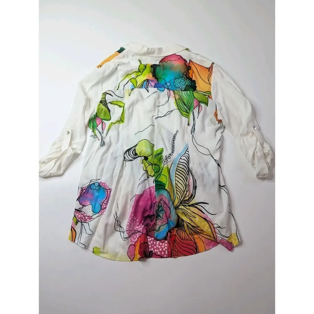 Simply Art by Dolcezza Floral Button-Up 3/4 Roll Up Sleeve Blouse Size M - Picture 7 of 10